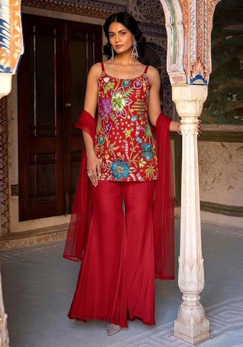 Bright Red Printed Crepe Kurta Set