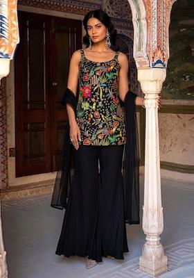 Black Printed Crepe Kurta Set