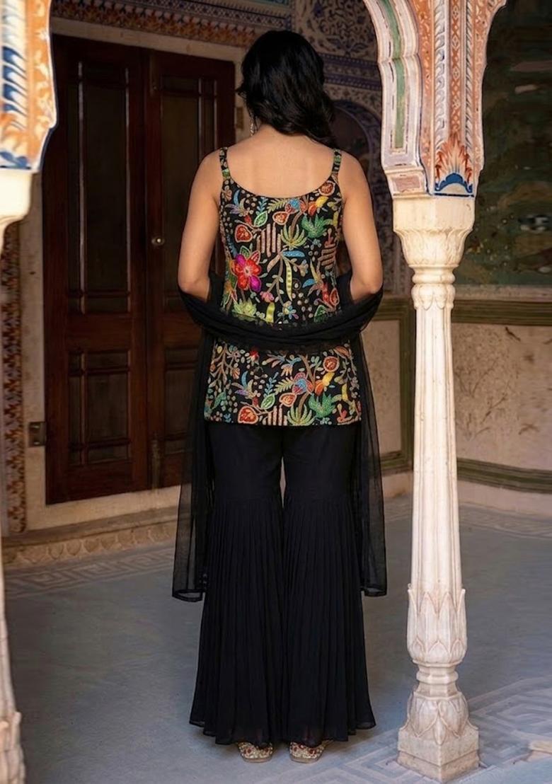 Black Printed Crepe Kurta Set - Indya