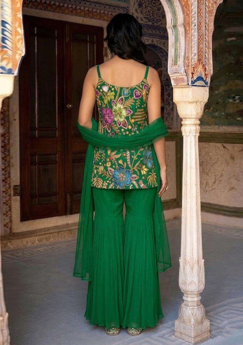 Emerald Green Printed Crepe Kurta Set - Indya