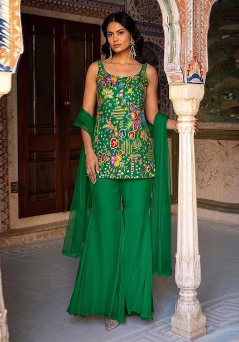 Emerald Green Printed Crepe Kurta Set