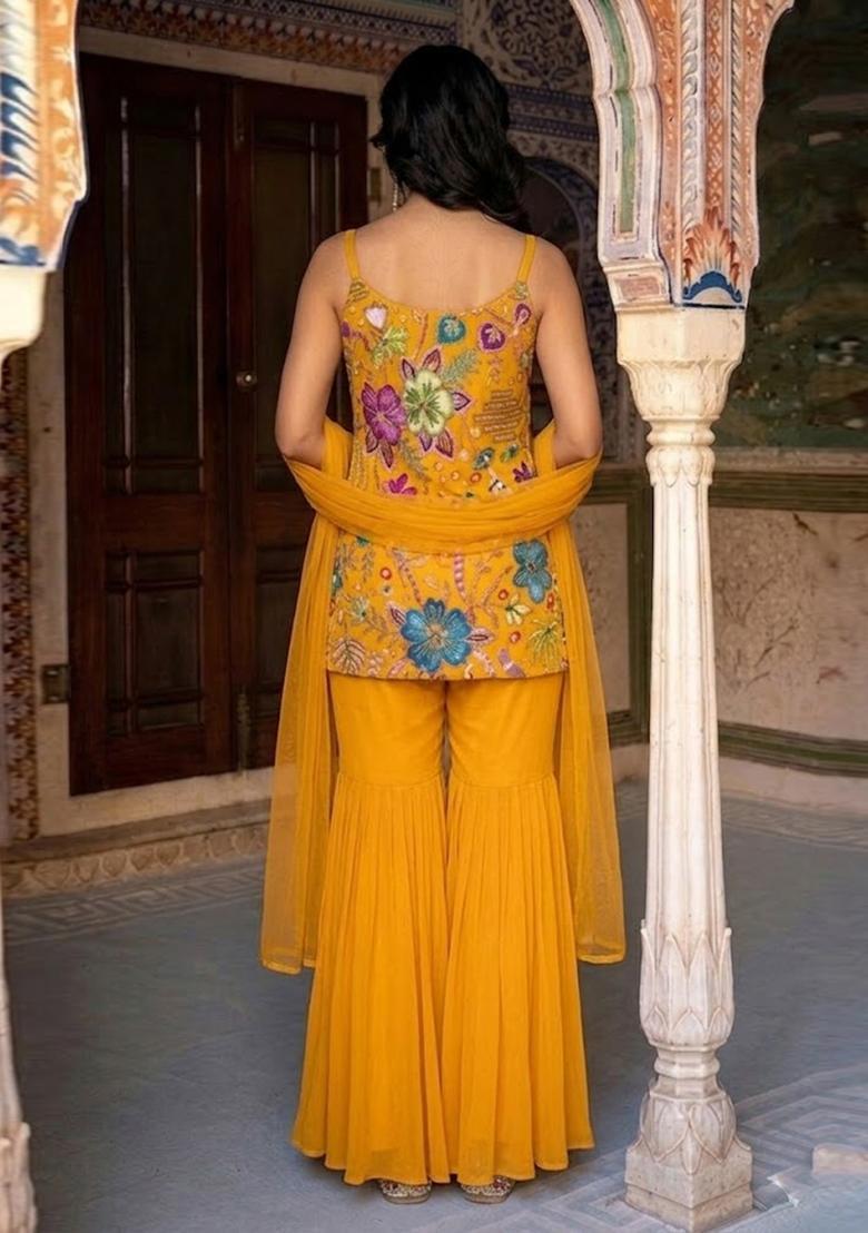 Mustard Yellow Printed Crepe Kurta Set - Indya