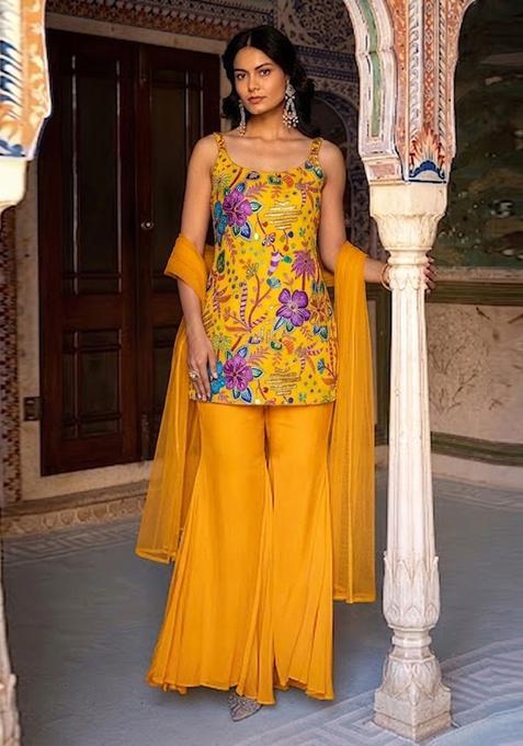 Mustard Yellow Printed Crepe Kurta Set