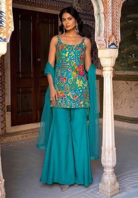 Teal Blue Printed Crepe Kurta Set