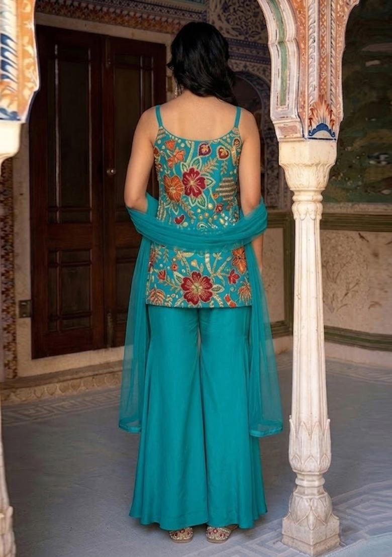 Teal Blue Printed Crepe Kurta Set - Indya