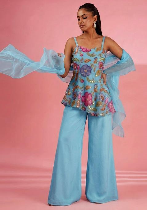 Sky Blue Printed Poly Blend Sharara Set