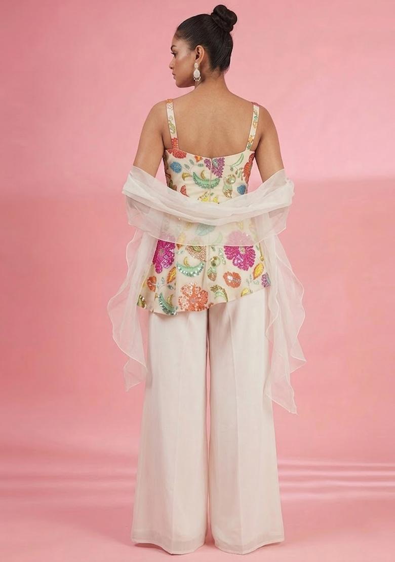 Off White Printed Poly Blend Sharara Set - Indya