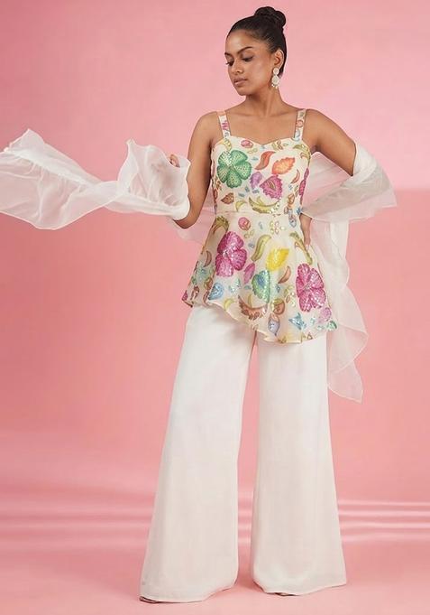 Off White Printed Poly Blend Sharara Set