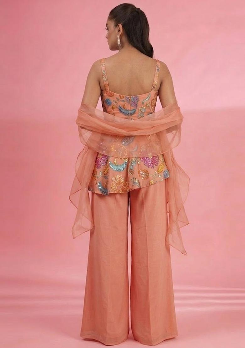 Peach Printed Poly Blend Sharara Set - Indya