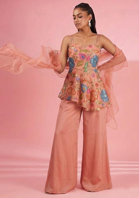 Peach Printed Poly Blend Sharara Set