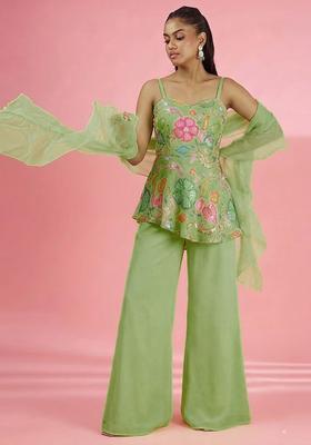 Lime Yellow Printed Poly Blend Sharara Set