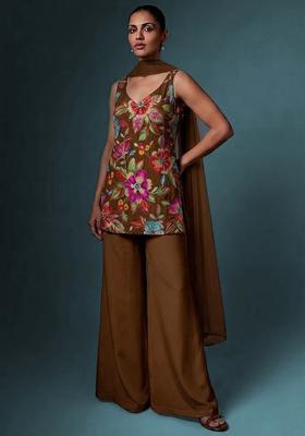 Chocolate Brown Printed Crepe Sharara Set