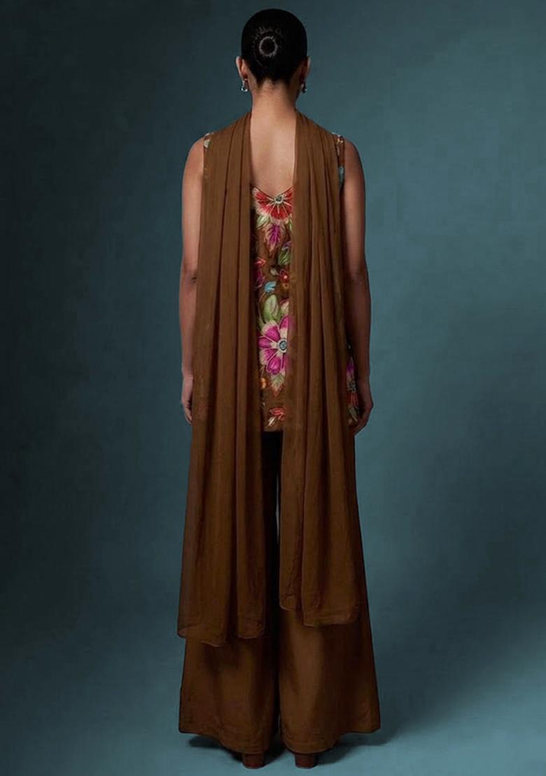 Chocolate Brown Printed Crepe Sharara Set - Indya