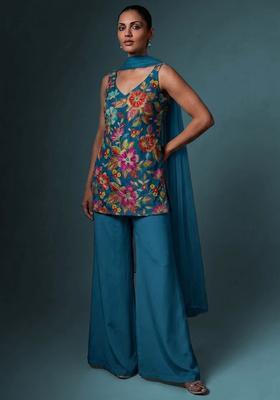 Teal Blue Printed Crepe Sharara Set