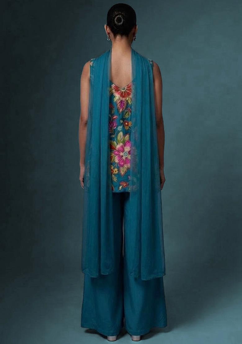 Teal Blue Printed Crepe Sharara Set - Indya