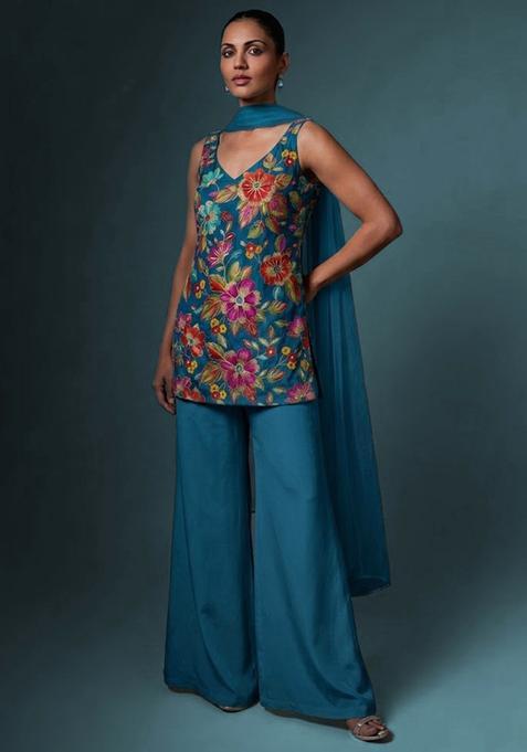 Teal Blue Printed Crepe Sharara Set