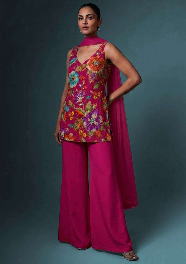 Rani Pink Printed Crepe Sharara Set - Indya