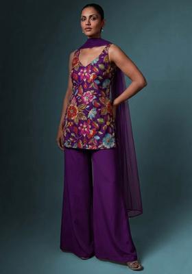Royal Purple Printed Crepe Sharara Set