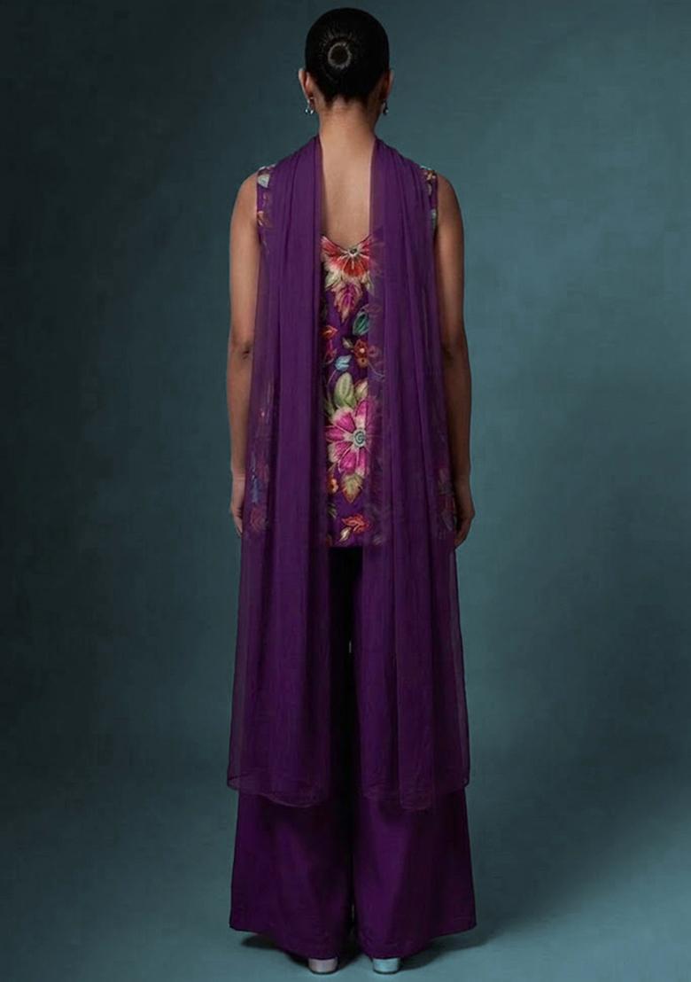Royal Purple Printed Crepe Sharara Set - Indya