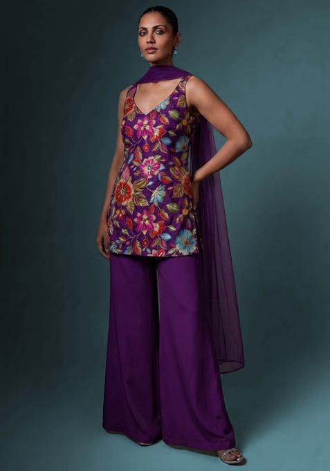 Royal Purple Printed Crepe Sharara Set