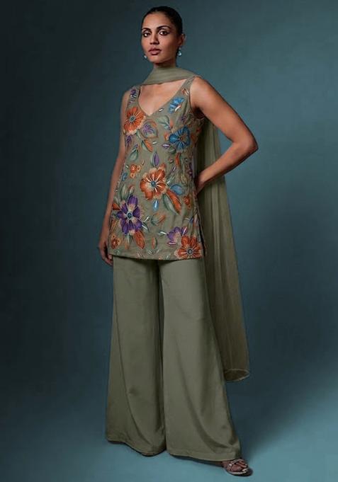 Sage Green Printed Crepe Sharara Set
