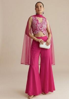 Hot Pink Embroidered Crepe Fusion Set