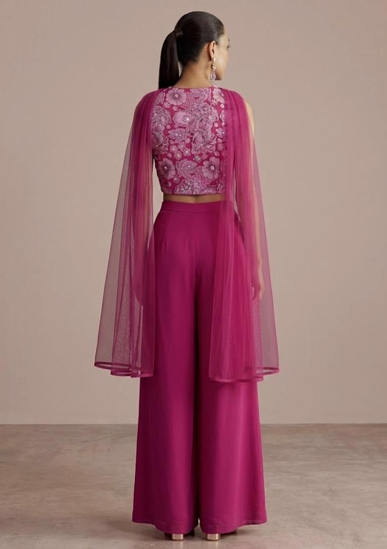 Hot Pink Embroidered Crepe Fusion Set - Indya
