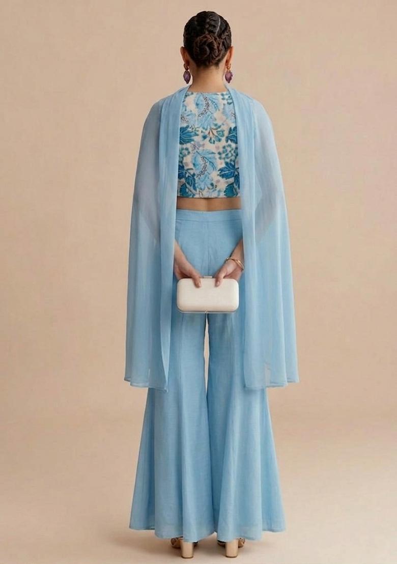 Pure White Embroidered Crepe Fusion Set - Indya