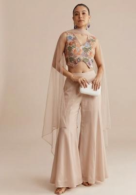 Nude Beige Embroidered Crepe Fusion Set