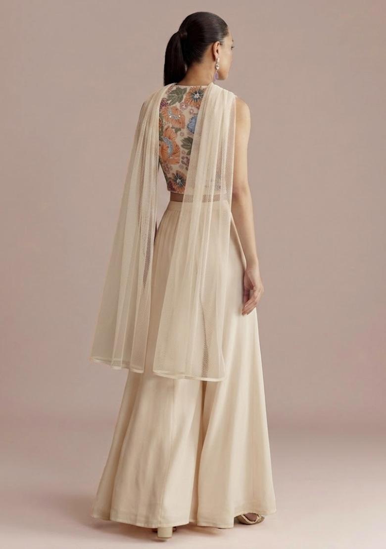 Nude Beige Embroidered Crepe Fusion Set - Indya