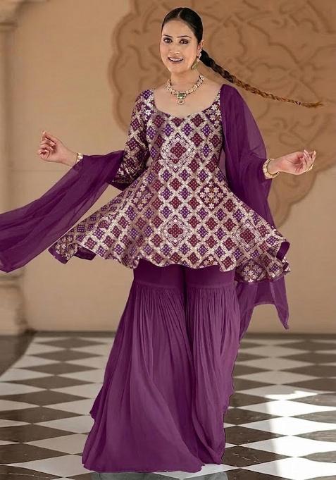 Deep Purple Zari Silk Sharara Set