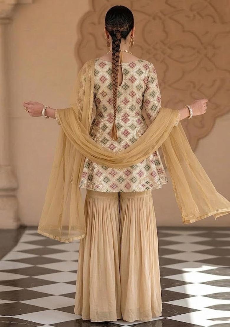 Golden Beige Zari Silk Sharara Set - Indya