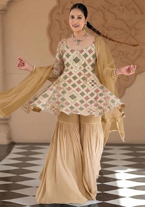 Golden Beige Zari Silk Sharara Set