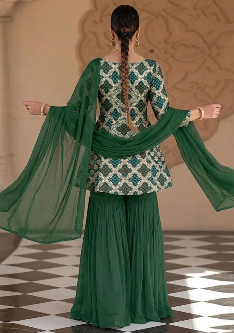 Bottle Green Zari Silk Sharara Set - Indya