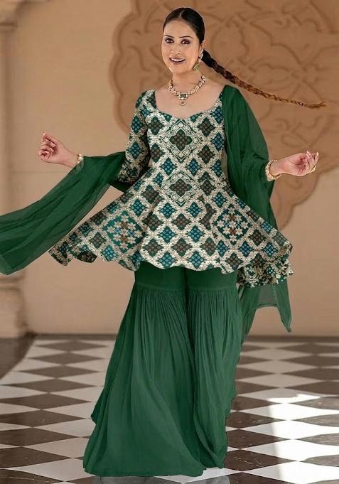 Bottle Green Zari Silk Sharara Set