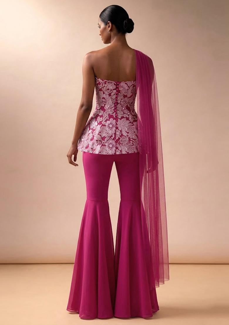 Hot Pink Embroidered Crepe Sharara Set - Indya