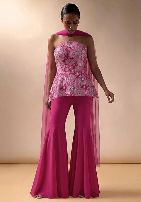 Hot Pink Embroidered Crepe Sharara Set