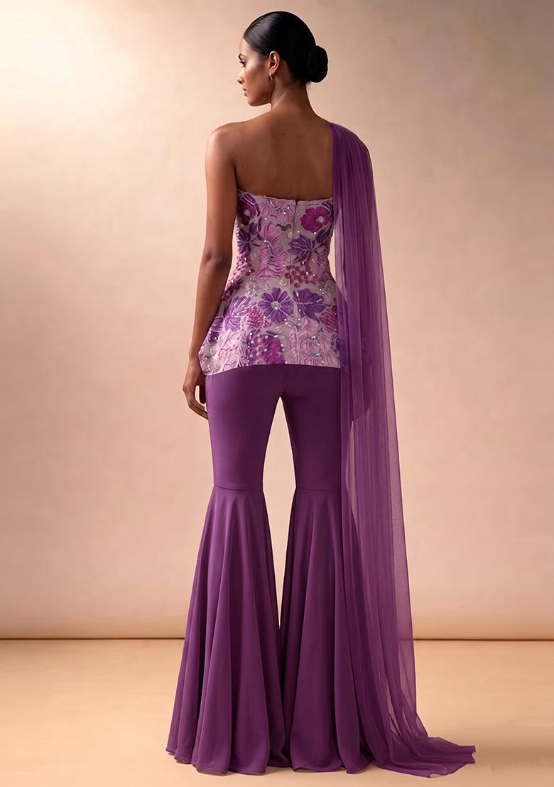 Lavender Embroidered Crepe Sharara Set - Indya
