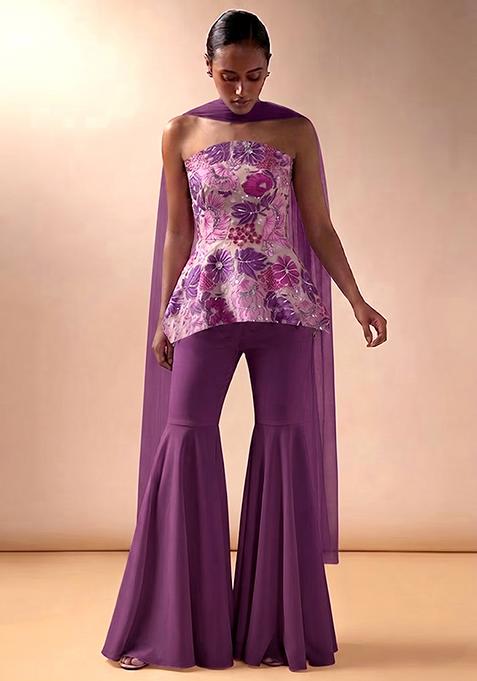 Lavender Embroidered Crepe Sharara Set