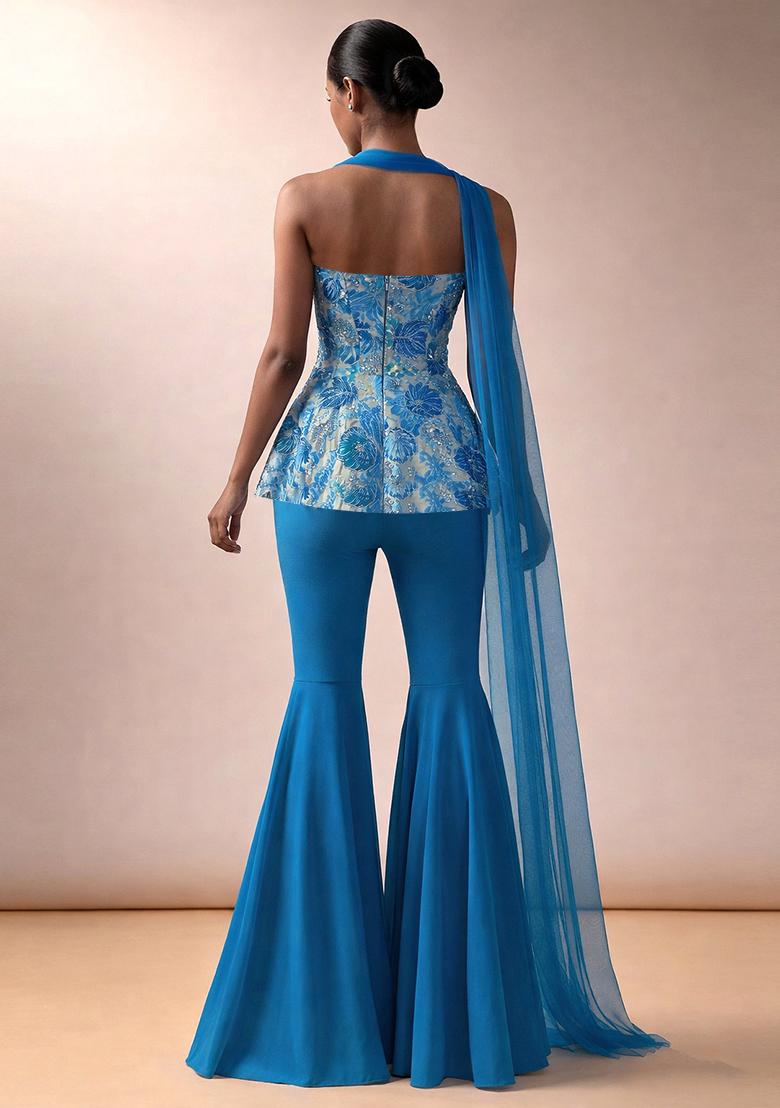 Teal Blue Embroidered Crepe Sharara Set - Indya