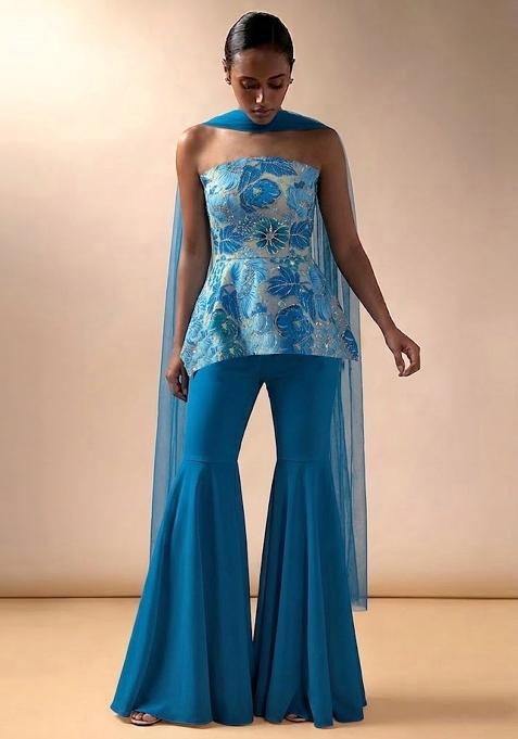 Teal Blue Embroidered Crepe Sharara Set