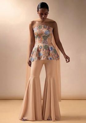 Nude Beige Embroidered Crepe Sharara Set