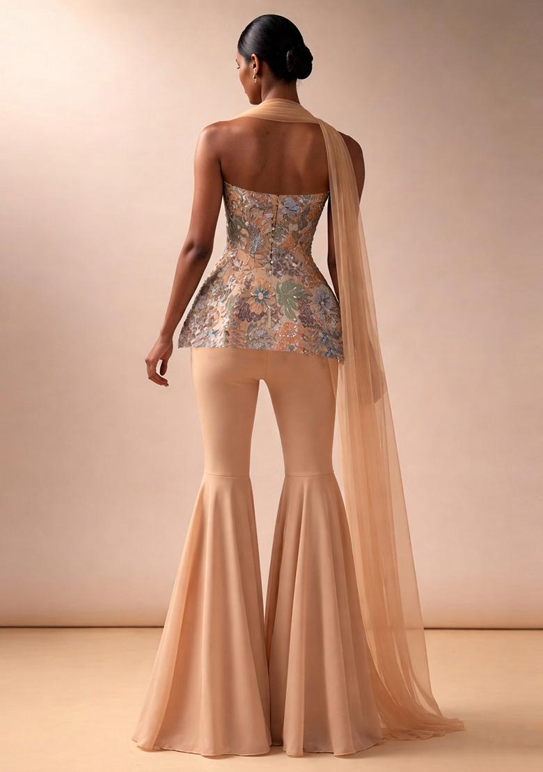 Nude Beige Embroidered Crepe Sharara Set - Indya