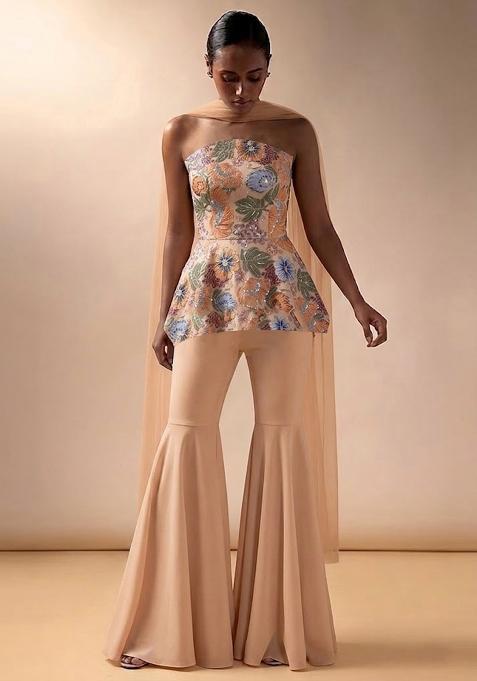 Nude Beige Embroidered Crepe Sharara Set