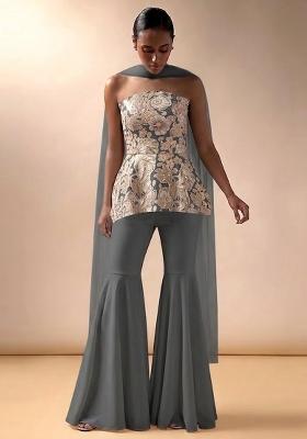 Steel Grey Embroidered Crepe Sharara Set