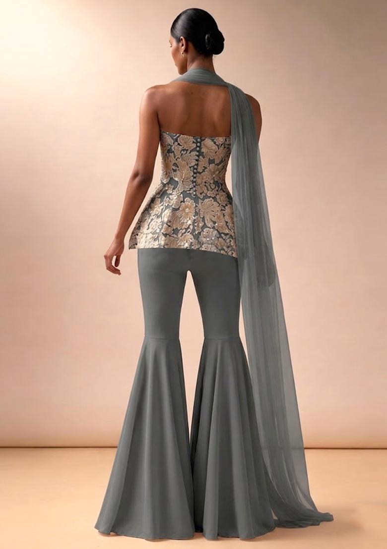 Steel Grey Embroidered Crepe Sharara Set - Indya