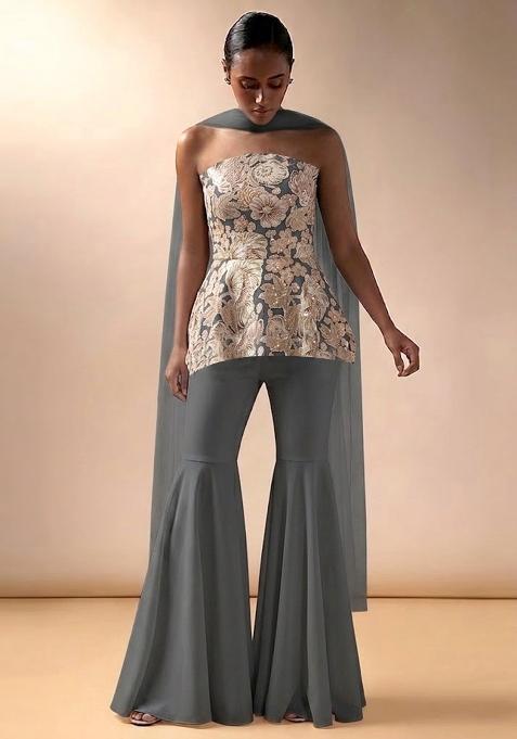 Steel Grey Embroidered Crepe Sharara Set