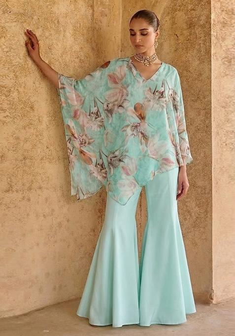 Powder Blue Printed Organza Fusion Set