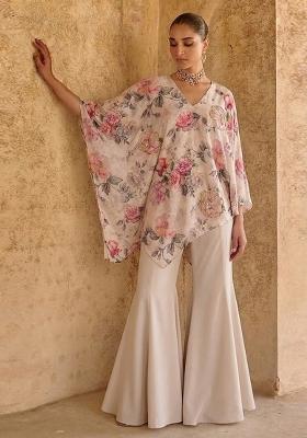 Ivory Beige Printed Organza Fusion Set