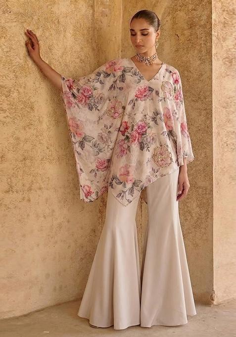 Ivory Beige Printed Organza Fusion Set